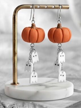 Pumpkin Ghost Dangles - Halloween - Handmade Earrings Orange & White